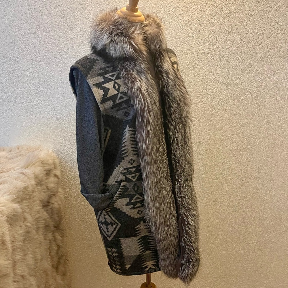Double D Ranch Gray & Cream Aztec Wool Vest with Fur Trim